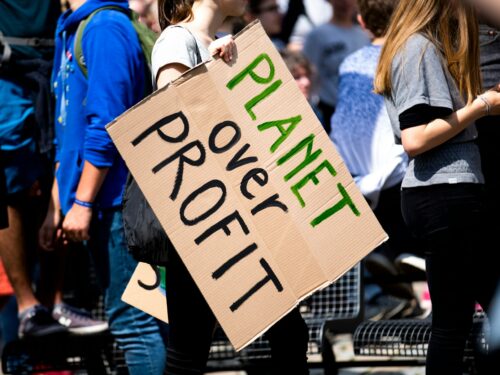 Eine junge Frau hält ein Schild mit der Aufschrift "Planet over Profit". Es ist halb so groß wie sie und hängt an einer Hand gehalten, etwas runter. Hinter ihr sind mehrere junge Menschen.
